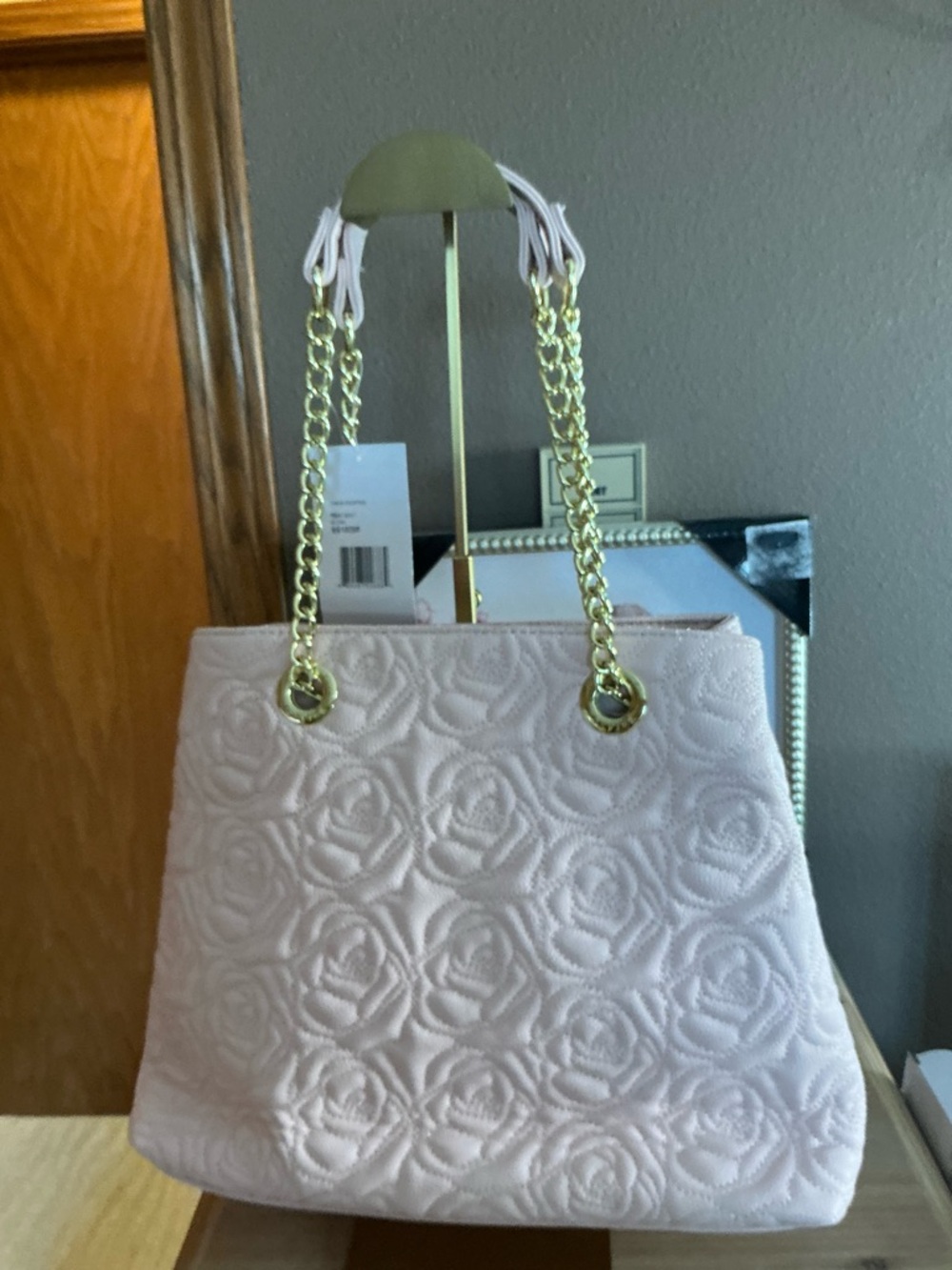 Betsey Johnson Blush Quilted Rose Embossed Shoulder Bag with Gold Chain - Picture 7 of 16